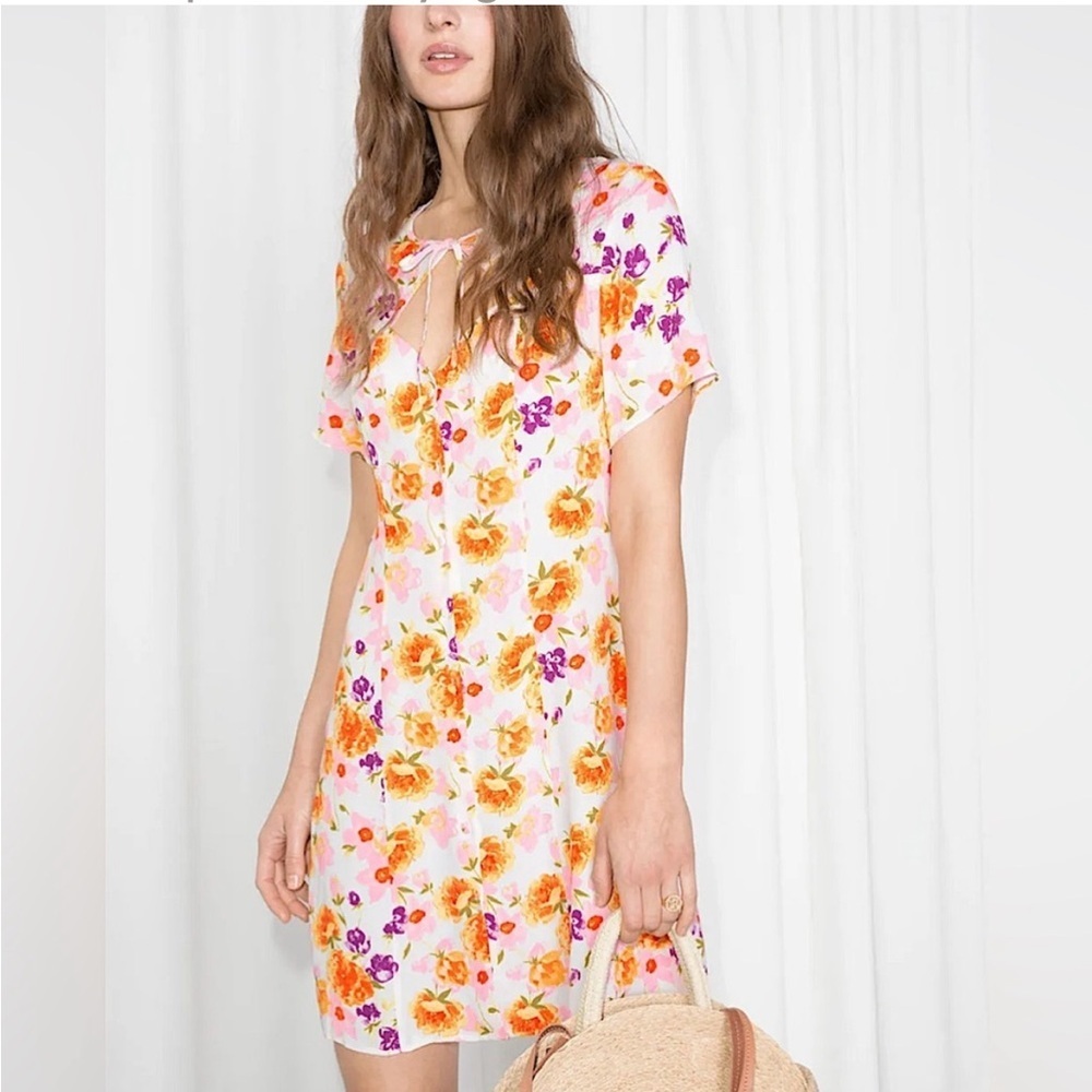 & other stories Cut Out Floral Mini Dress White Short Sleeve Button Size US 8